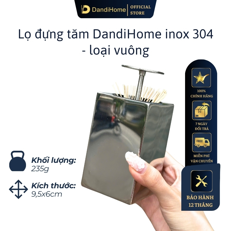 Lọ đựng tăm inox 304 DandiHome nắp bấm đóng mở hoàn toàn kín