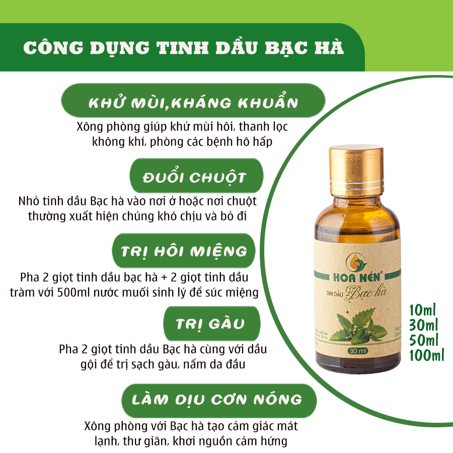 Tinh dầu Bạc Hà nguyên chất 50ml - Hoa Nén - Vegan - Thư giãn, khử mùi, đuổi chuột