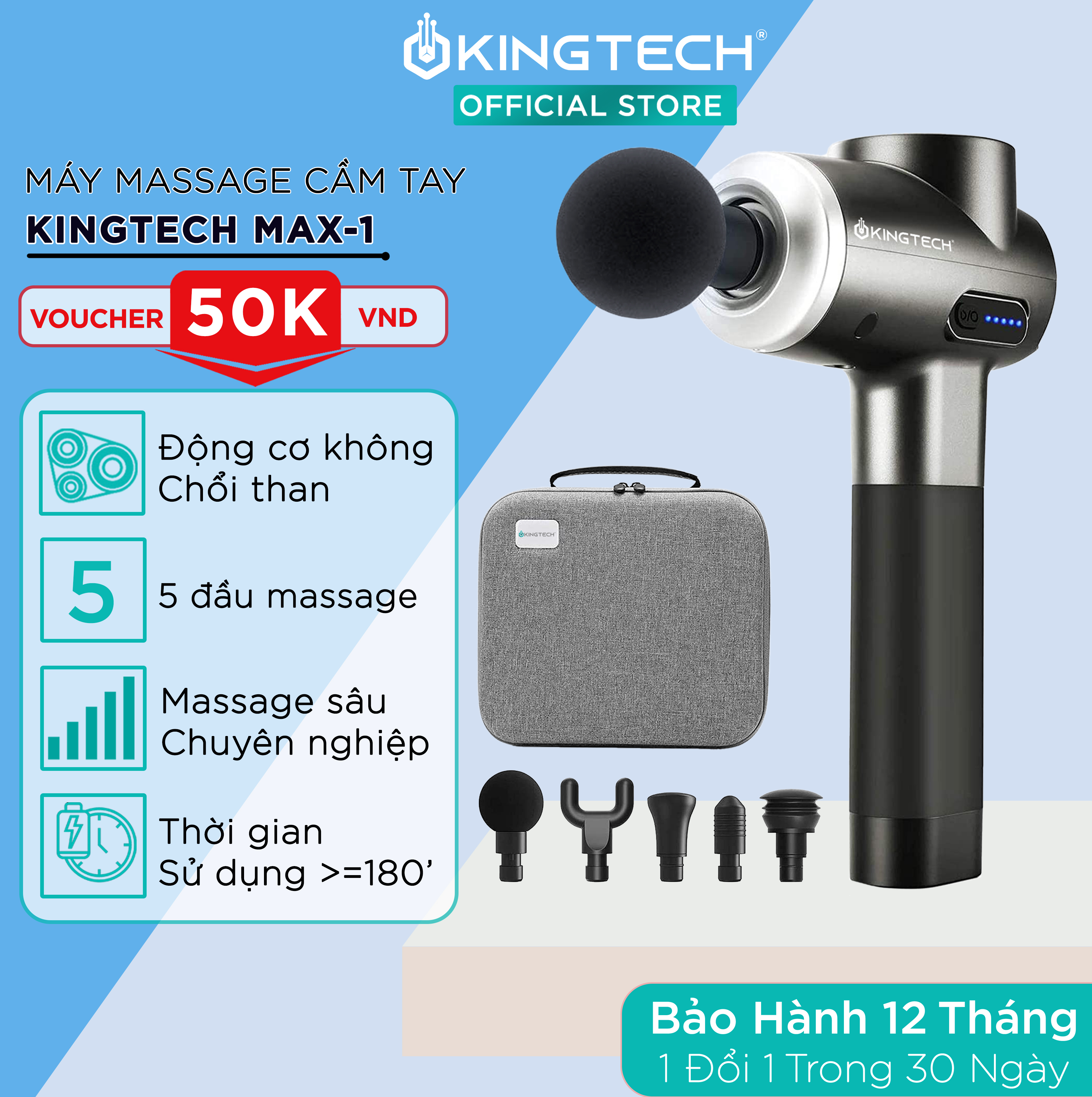 Súng Massage Cao Cấp KINGTECH MAX 1 - Máy Mát Xa Cầm Tay Dùng Động Cơ Không Chổi Than - Bản Nâng Cấp Cho Vận Động Viên, Gymer, Runner - Hỗ Trợ Mát Xa Chuyên Sâu, Thư Giãn, Giảm Đau, Phục Hồi Cơ Bắp - Quà Tặng Nam Nữ, Sếp, Doanh Nghiệp
