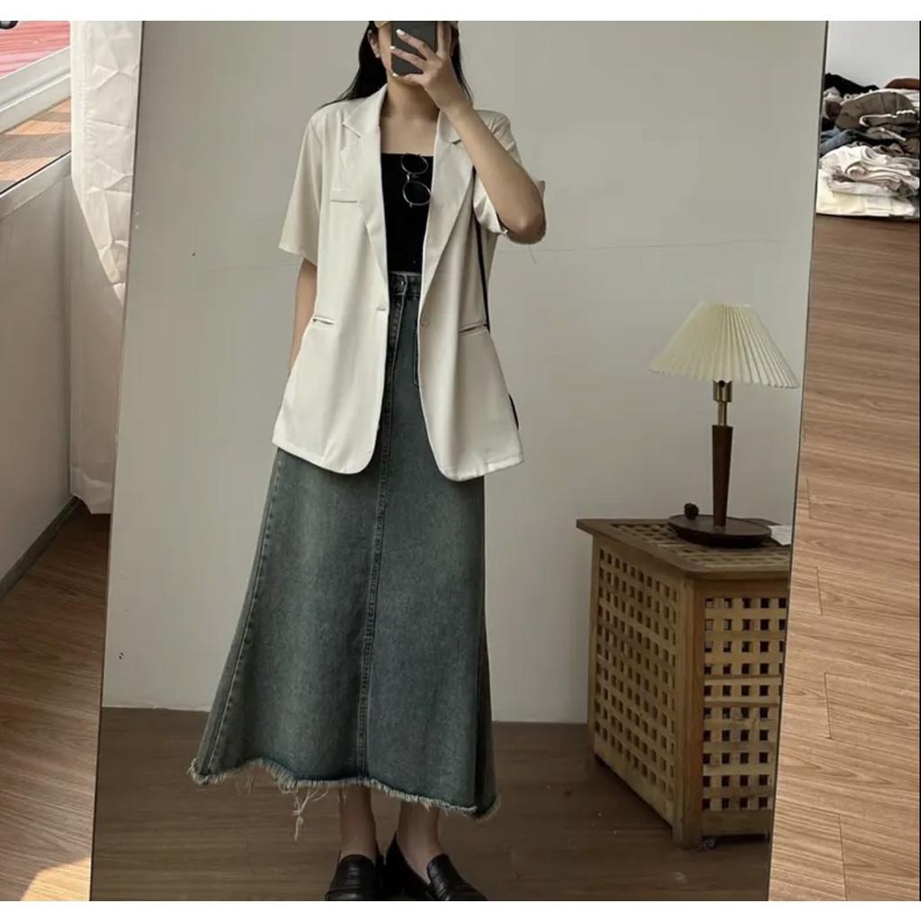 Áo blazer cộc tay EMIX, áo vest freesize dưới 58kg, hai cúc liên, chất trượt hàn