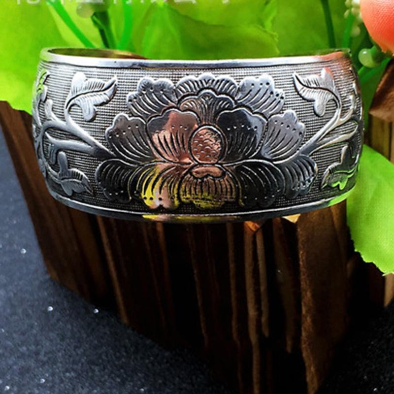 Women Bohemian Bracelet Cuff Peony vintage Tibetan Tibet Carved Silver Totem Bangles Accessories