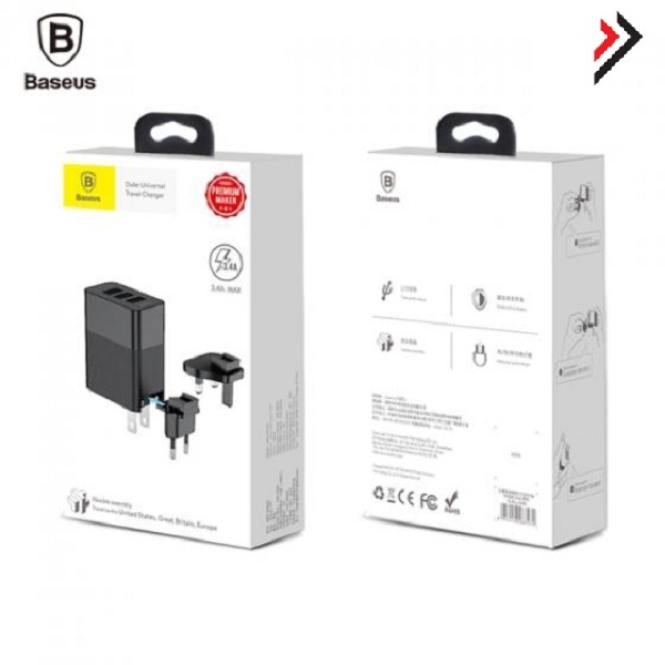 Củ sạc du lịch Baseus 3 Cổng USB chuẩn EU US UK Cắm 2.4A sạc nhanh QC 3.0 Đối Với iPhone X Samsung - Hàng chính Hãng