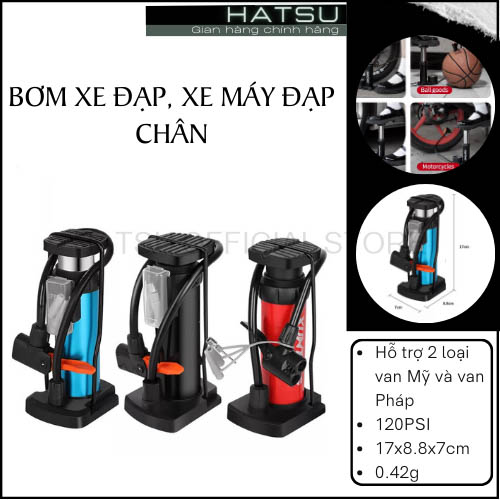 Bơm xe đạp xe máy đạp chân áp suất cao HATSU XTBB, Bơm máy bơm hơi di động chân đế chống trượt - bơm siêu nhẹ dễ di chuyển