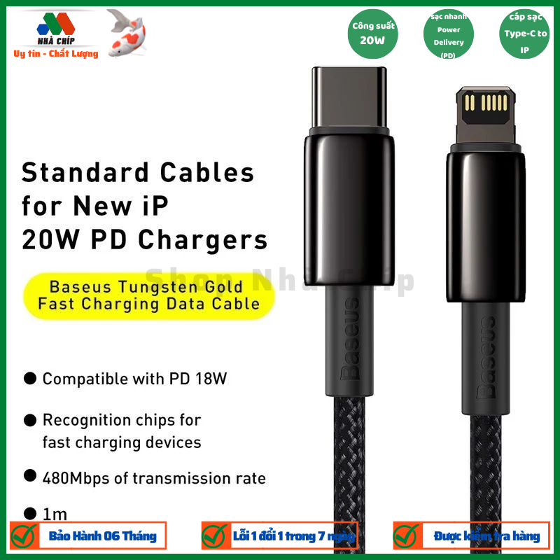 Cáp sạc nhanh, siêu bền C to IP 20W Baseus Tungsten Gold dùng cho iPhone 12/ iP11 Series/ iPXS Max (20W, Fast Charging & Data Cable)- Hàng chính hãng