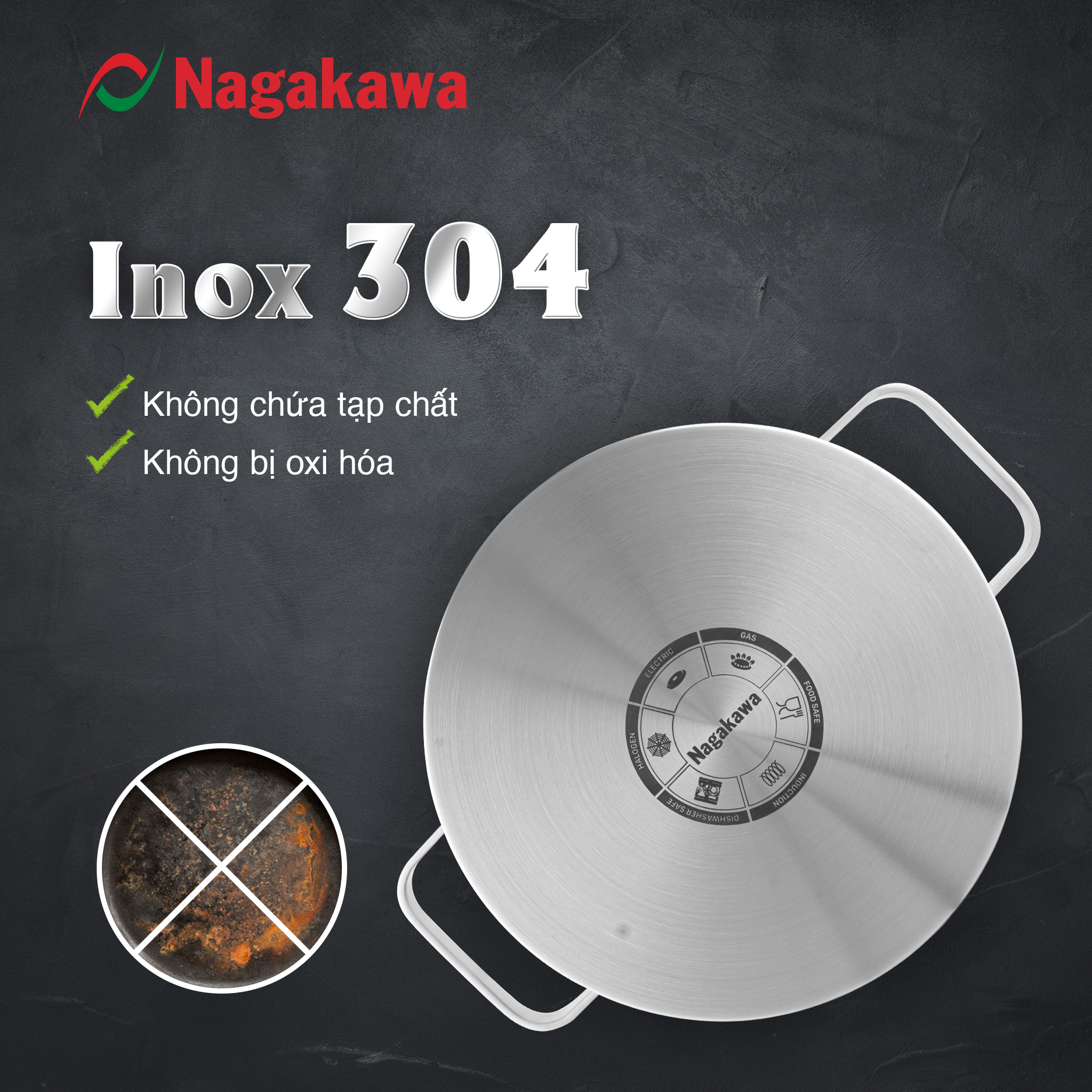 Bộ 3 nồi inox 304 đa lớp toàn phần Nagakawa Aki NAG1357 - Dùng trên mọi loại bếp - Hàng chính hãng