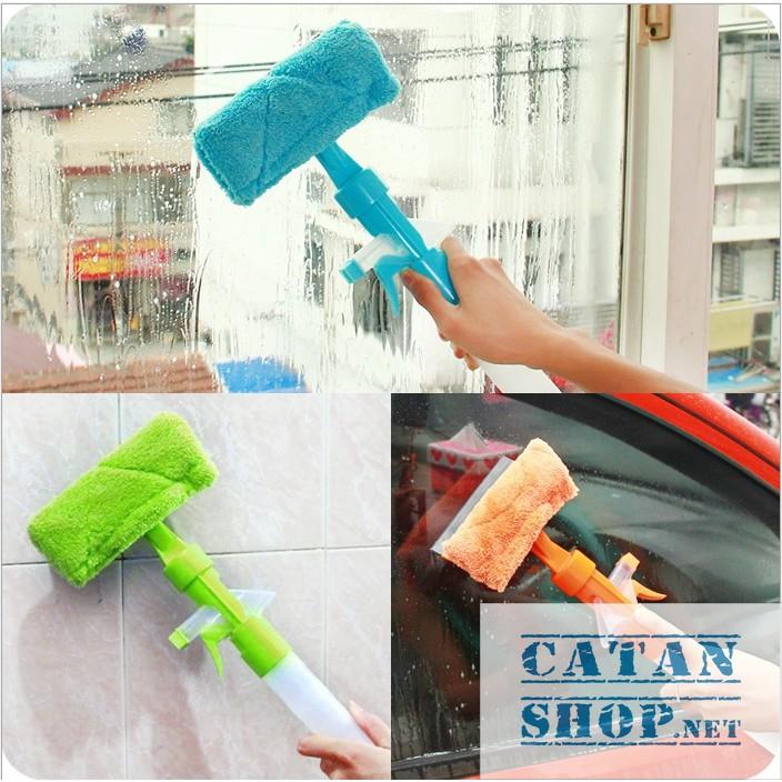 Cây lau kính 2 mặt (vải bông mềm, silicon) cầm tay kèm bình xịt, lau kính bình xịt 2 in 1 siêu tiện lợi (giao ngẫu nhiên