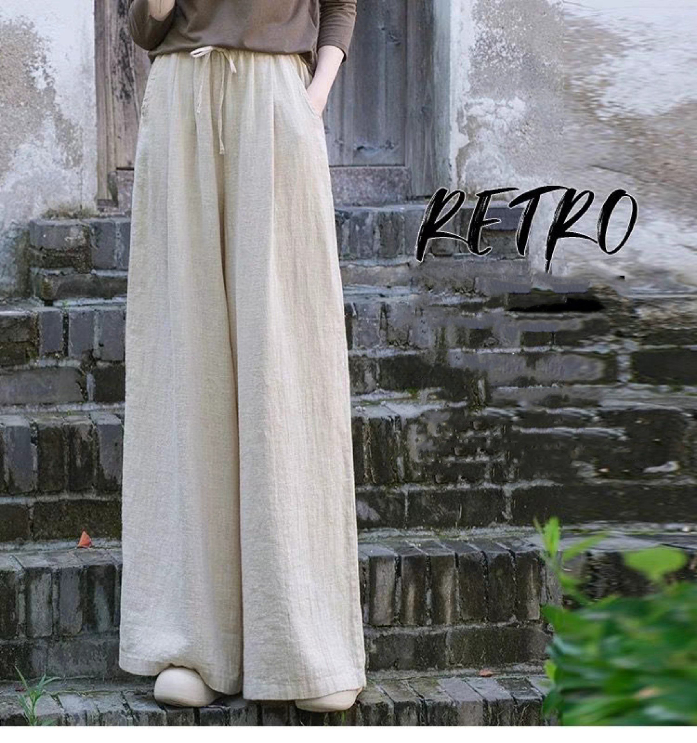 Quần dài linen ống rộng lưng cao YOLINEN cạp thun cột dây cao cấp nhiều màu QD08