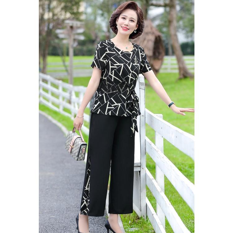 Bộ Mặc Nhà, Quần Áo Trung Niên Cho Bà Cho Mẹ Áo Vải Lụa Thắt Nơ Eo, Quần Vải Đũi Trơn Mã TN24 - Meety