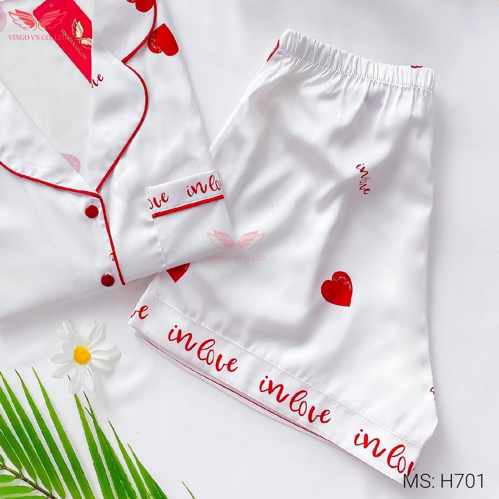 Đồ bộ nữ mặc nhà Pijama lụa Pháp mềm mát VINGO tay ngắn quần cộc họa tiết trái tim In Love dễ thương mùa Hè H701 VNGO