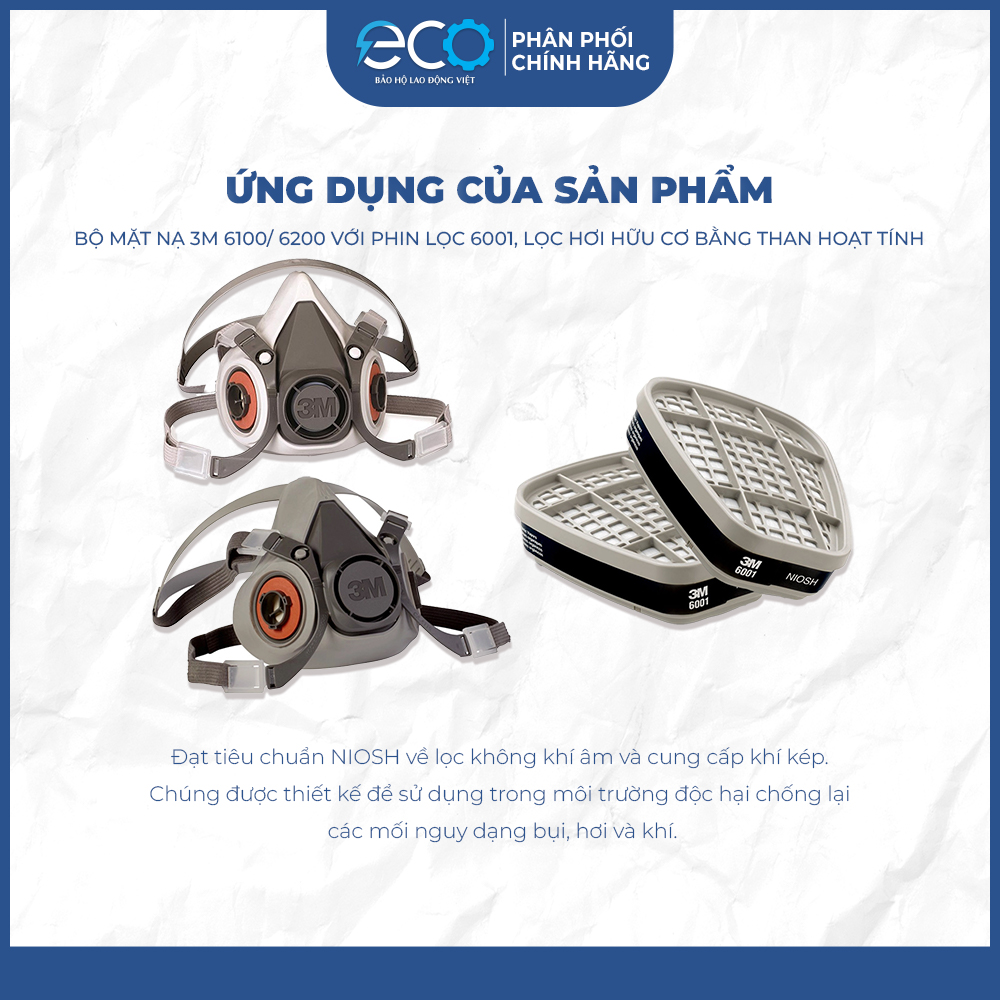 Bộ mặt nạ 3M lọc hơi hữu cơ 6100/ 6200 với phin lọc 6001, lọc hơi hữu cơ bằng than hoạt tính