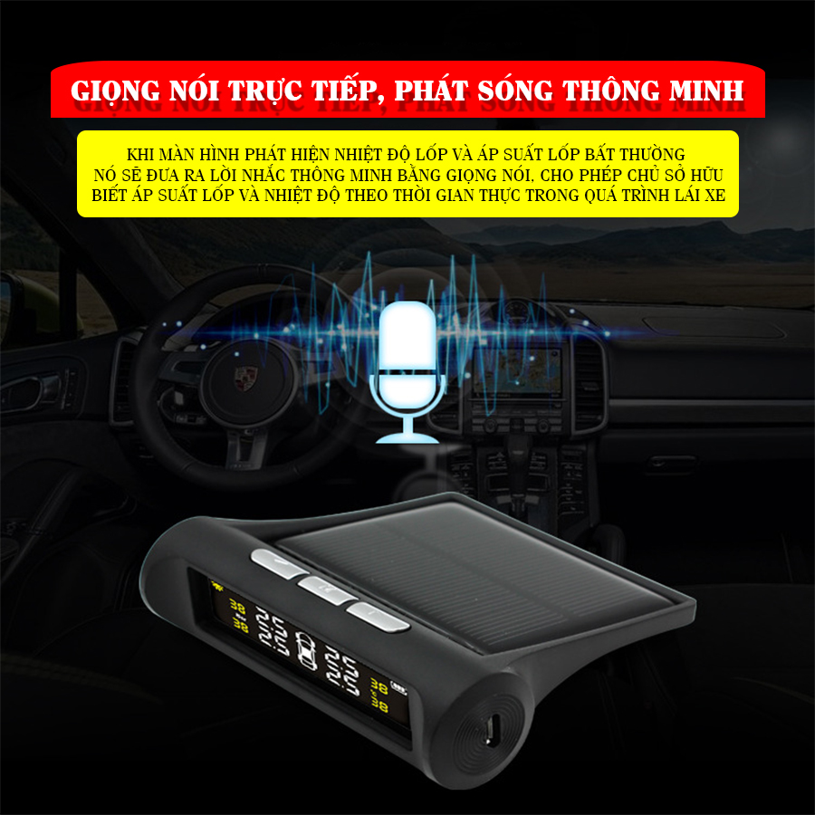 Cảm biến áp suất lốp ô tô xe hơi gắn ngoài cao cấp Cảnh Báo Tiếng Việt độc quyền - Pin mặt trời, Màn LCD