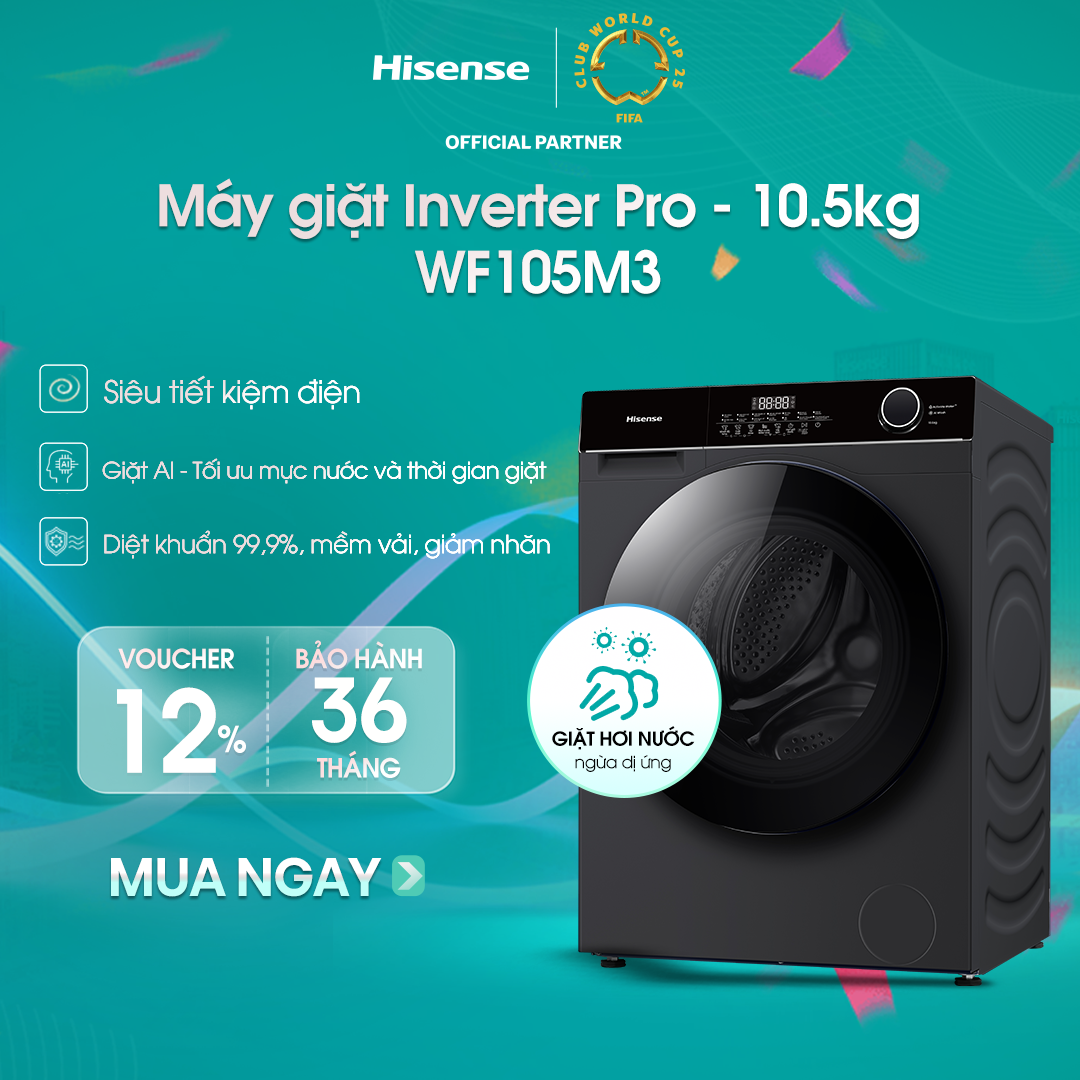 Máy giặt Hisense Inverter Pro 10.5kg WF105M3 giặt thông minh AI, điều khiển từ xa, bảo hành 3 năm - HÀNG CHÍNH HÃNG