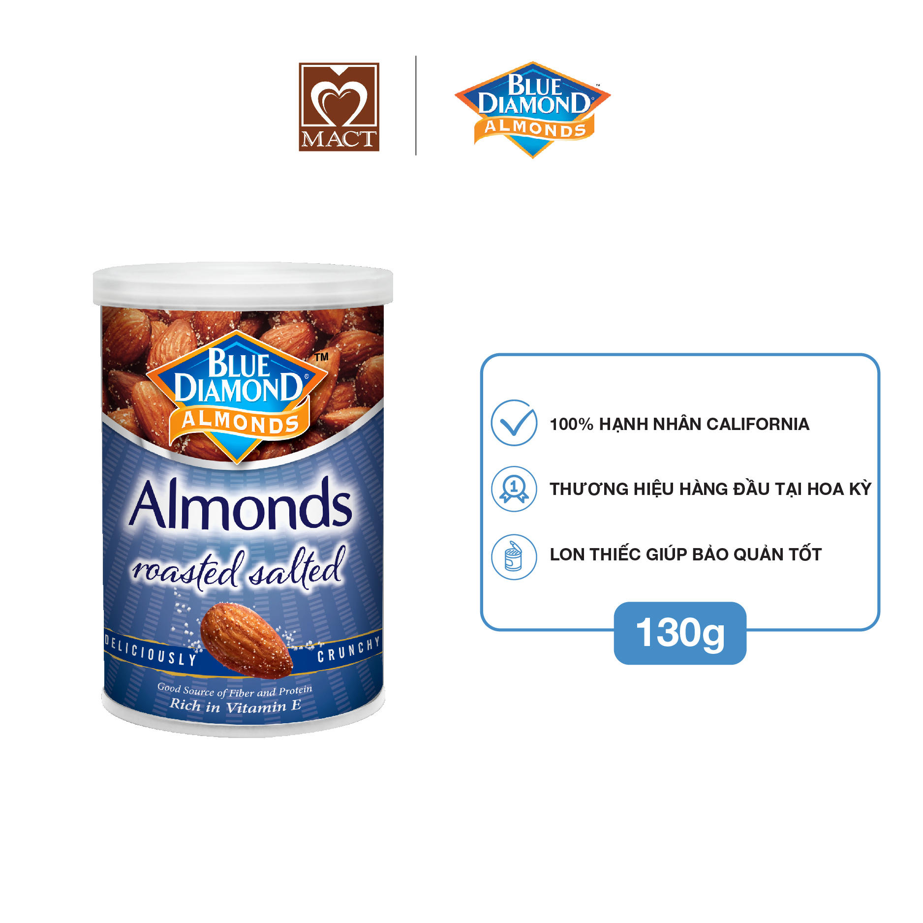 Hạnh Nhân Blue Diamond - Vị Muối Roasted Salted - Lon 130G