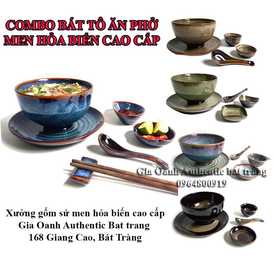 (COMBO) Set bát tô ăn phở - men hỏa biến cao cấp -Tô sứ D17h9+Dĩa D22+Chén Sốt+đĩa ớt chanh - Gốm sứ bát tràng cao cấp