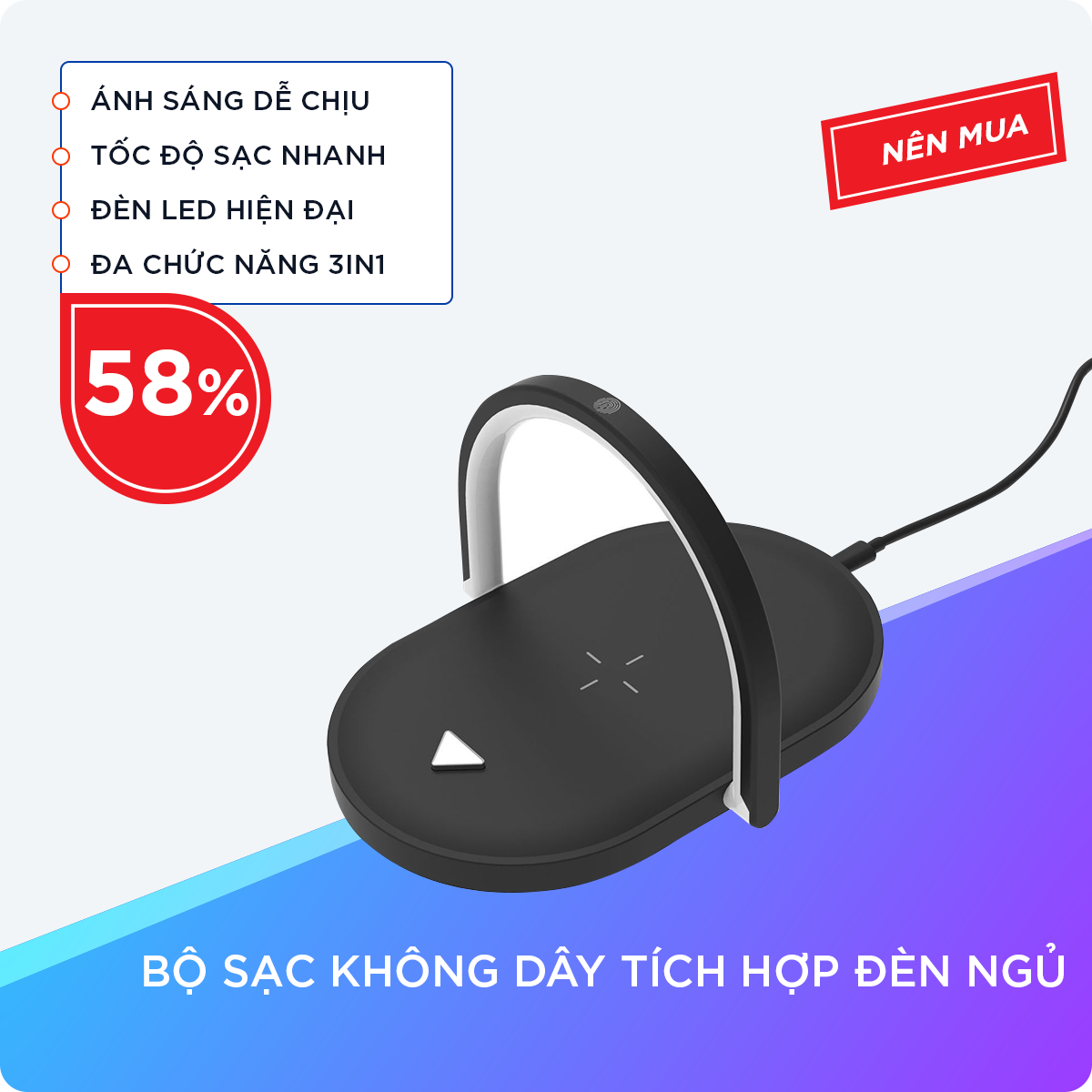 Bộ Sạc Không Dây Tích Hợp Đèn Ngủ Với Công Suất 15W, Vật Liệu Cao Cấp