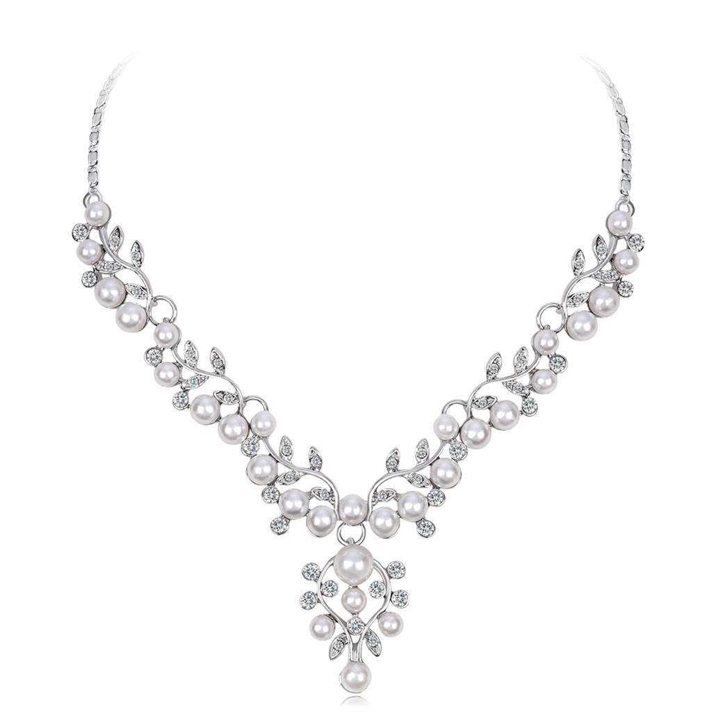 Crystal Rhinestone Pearl Flower Leaf Necklace Earrings Set Wedding Jewelry
