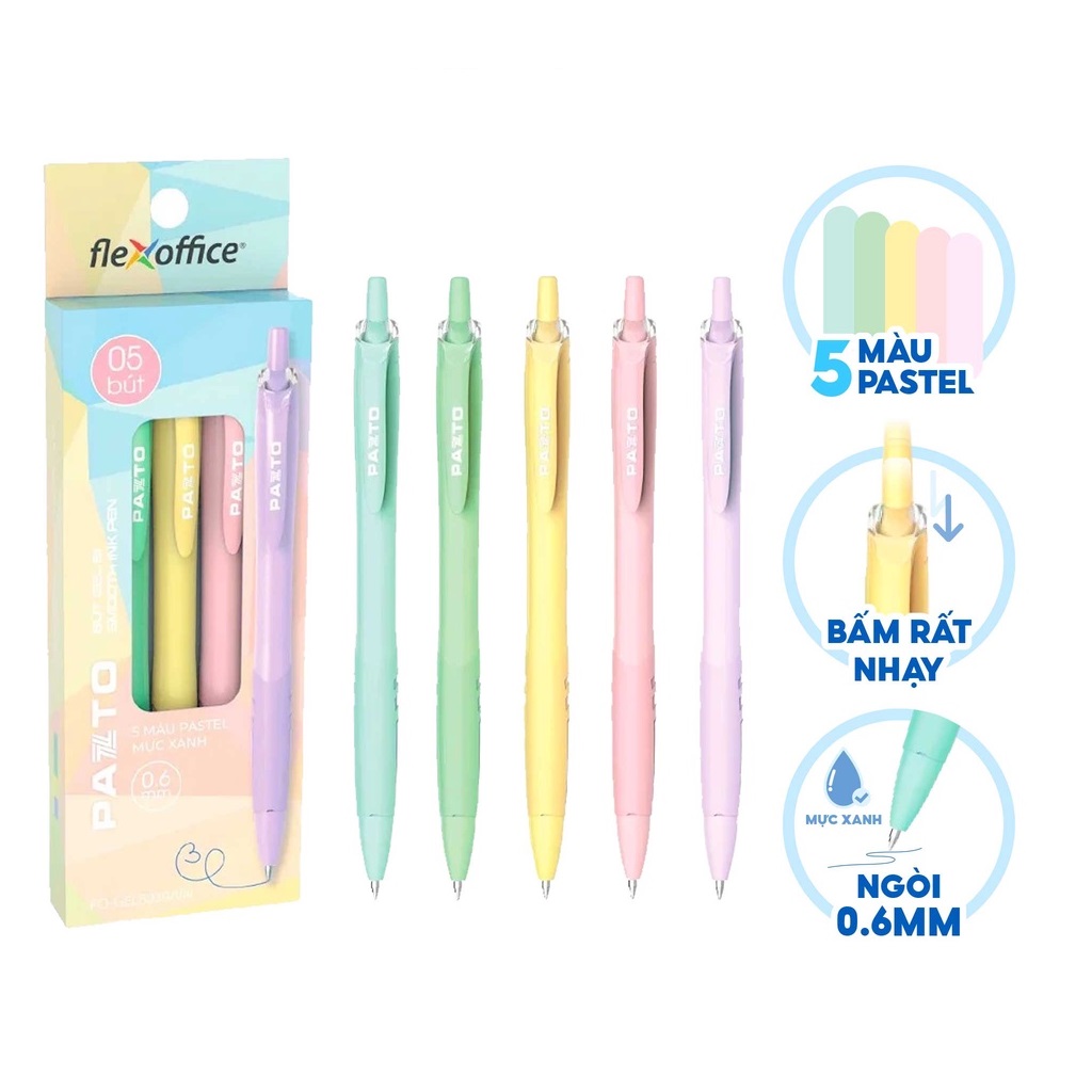 Hộp 5 bút gel Thiên Long Pazto FO-GELB039/VN nét 0.6mm - Mực xanh, thân bút màu pastel bắt mắt, bút dạng mực dầu viết trơn
