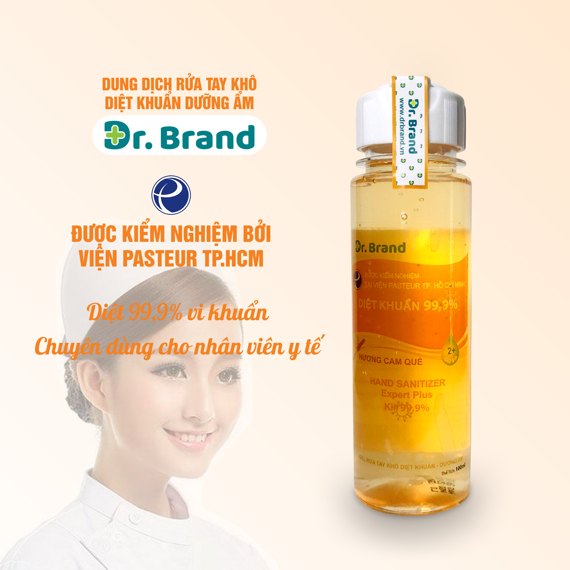 Nước rửa tay khô sát khuẩn, ngăn ngừa virus chuyên dùng cho nhân viên y tế, được kiểm nghiệm tại viện Pasteur Tp.Hồ Chí Minh – Dr.Brand – HƯƠNG CAM QUẾ