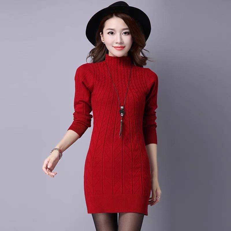 Váy len body cổ cao, áo len trung niên nữ dáng dài cho bà cho mẹ