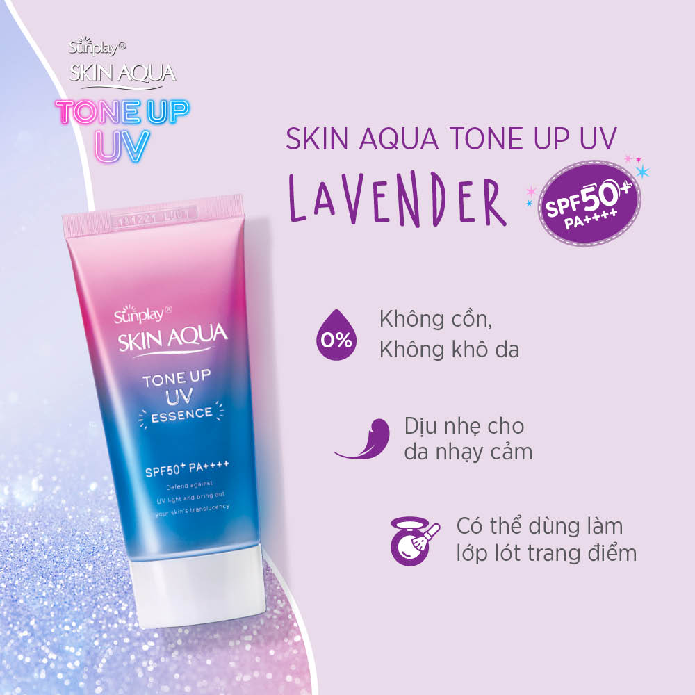 Kem chống nắng nâng tông Skin Aqua Tone up Lavender cho da tối màu &amp; da vàng, dạng tinh chất Sunplay Skin Aqua Tone Up UV Essence Lavender SPF 50+ PA++++ 50g