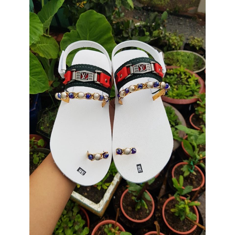 Dép sandals nữ đế trắng quai phối cườm đá size từ 34 đến 42