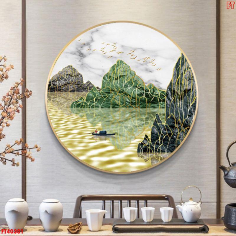 Tranh phủ gương pha lê tròn cao cấp sơn thủy, sông núi
