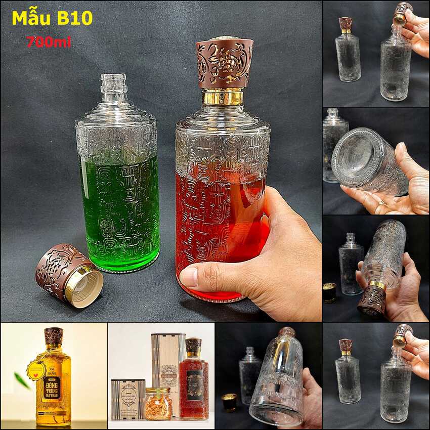 Bình Đựng Ruou Thủy Tinh 700ML cao cấp hoa văn nổi mẫu trụ tròn – nắp nhựa vàng xen nâu – Vỏ Chai Đựng Rượu – Vỏ Chai Rượu Đẹp sang trọng