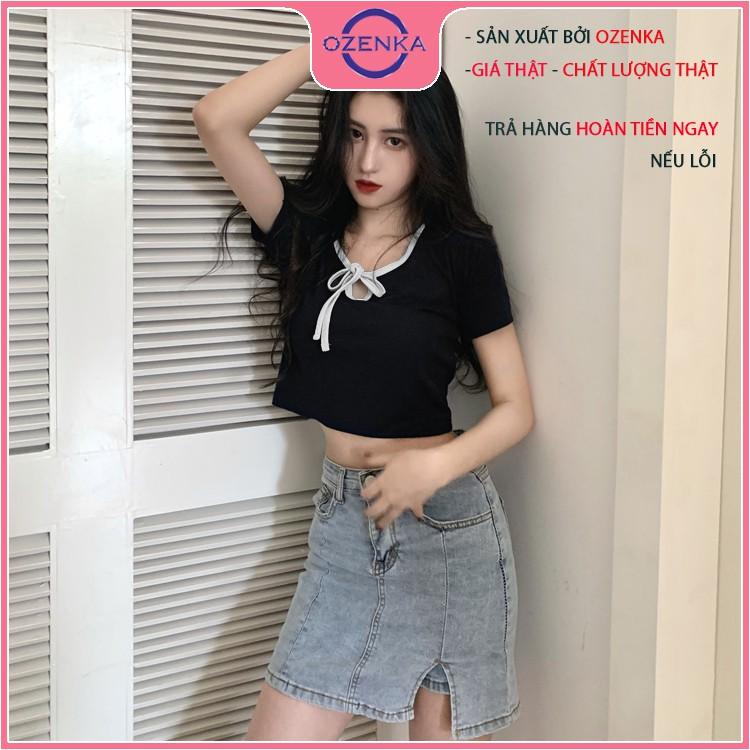 Áo croptop nữ ôm body tay ngắn , áo crt cổ chữ v phối nơ thun gân 100% cotton đẹp mịn mát free size dưới 50 kg