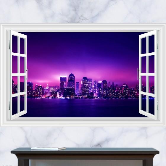 Decal trang trí khung cửa sổ 3D cảnh Thành Phố về đêm thật tuyệt
