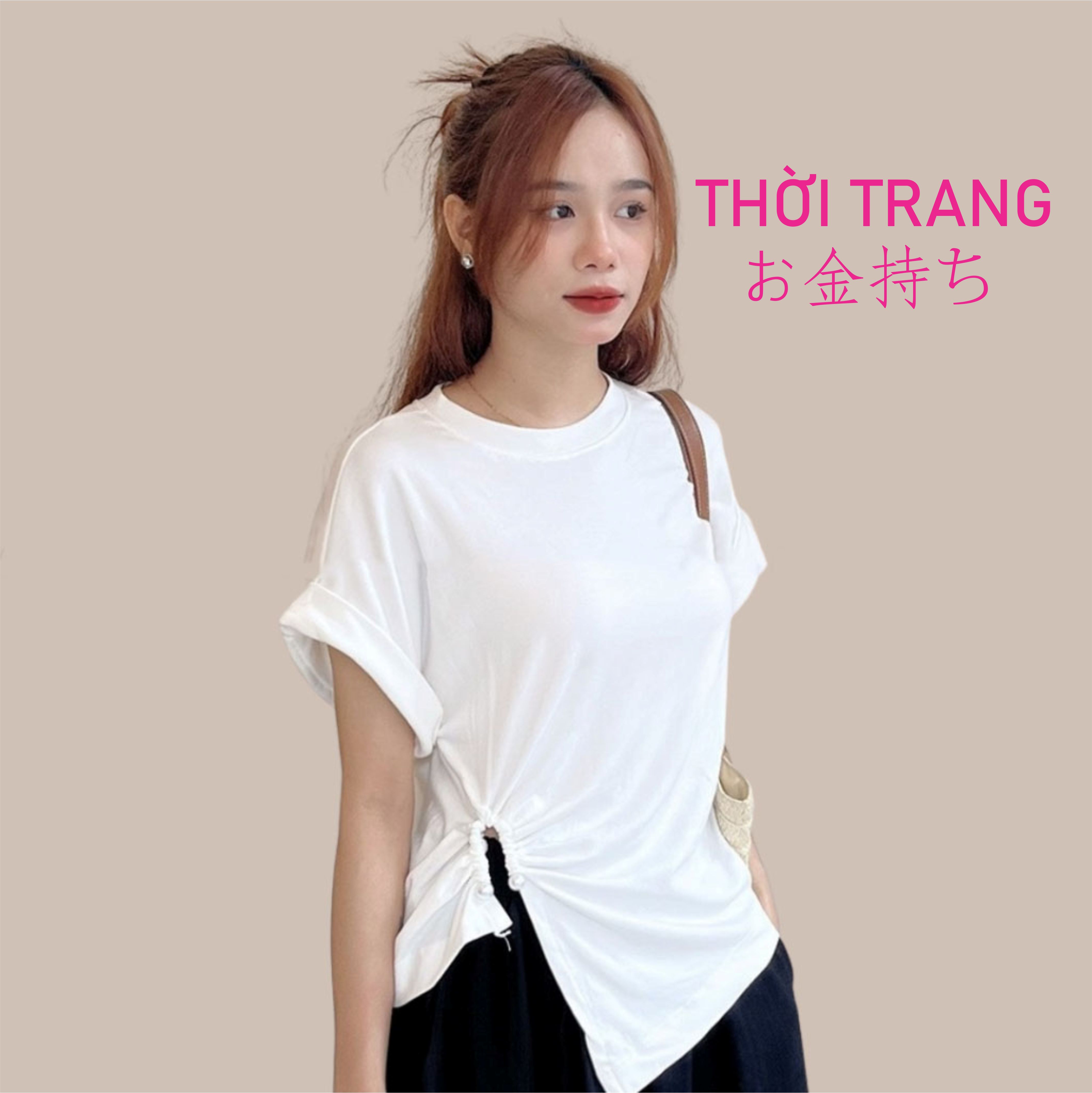 Áo thun nữ おかねもち tay hến cổ tròn áo thun trơn eo có đính 2 viên ngọc 3120