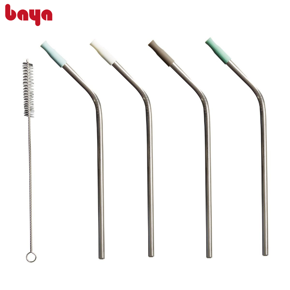 Bộ 4 Ống Hút Thép Kèm Cọ Rửa BAYA RECIPE Chất Liệu Thép Không Gỉ Đầu Bọc Silicon Nhiều Màu Có Thể Tái Sử Dụng 4066