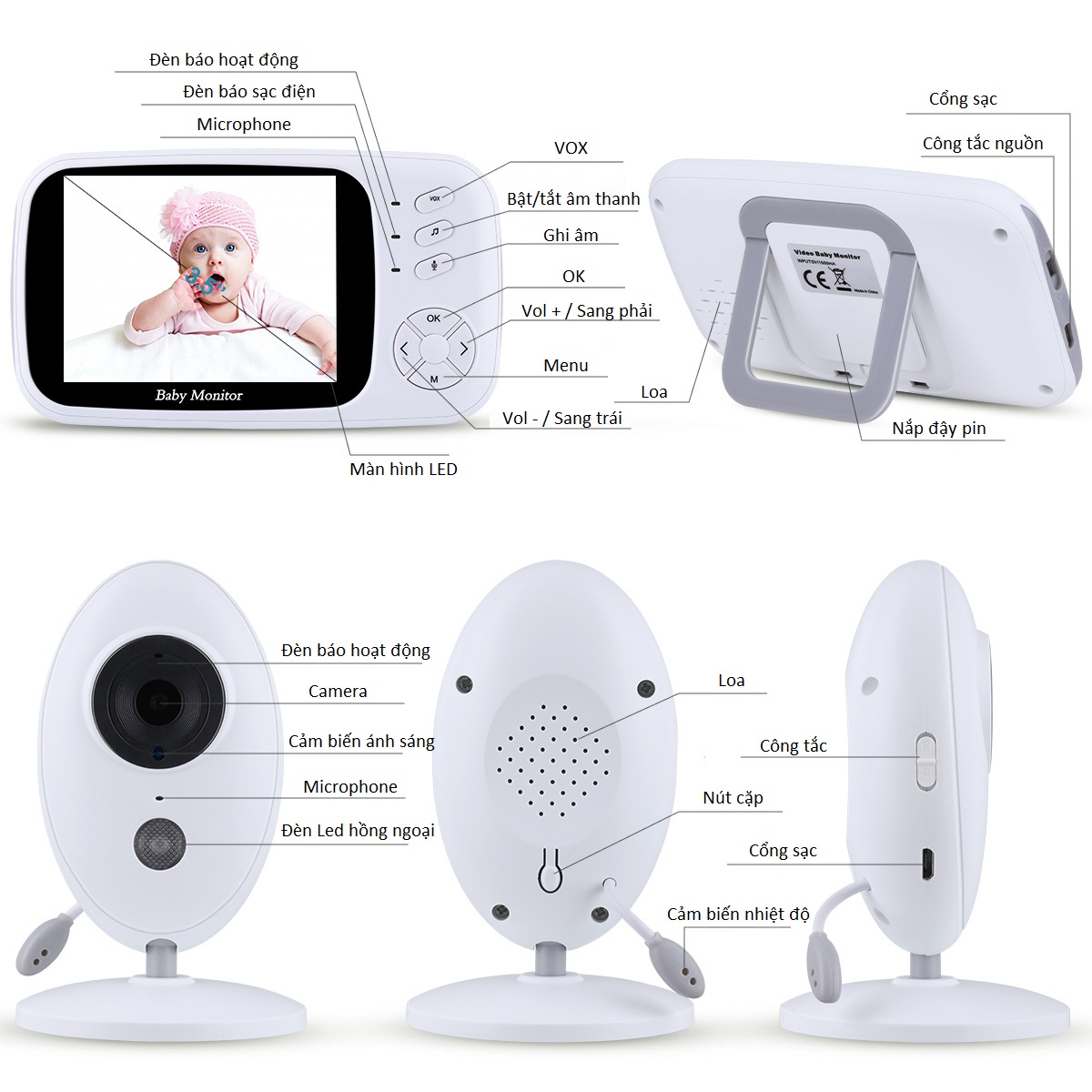 Máy báo khóc trẻ em kiêm camera thông minh không dây, tần số 2.4GHz, âm thanh tốt, màn hình LCD cao cấp F808 (Tặng đèn 4 led dán tủ, tường, cầu thang đa năng)