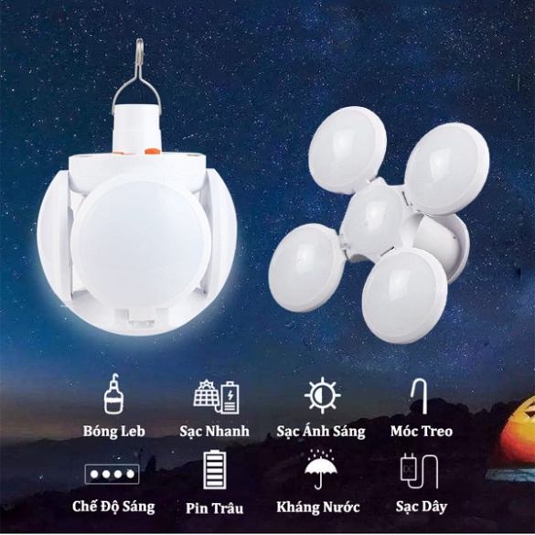 Bóng đèn tích điện 4 cánh có tấm pin năng lượng mặt trời sử dụng từ 6 -8 tiếng