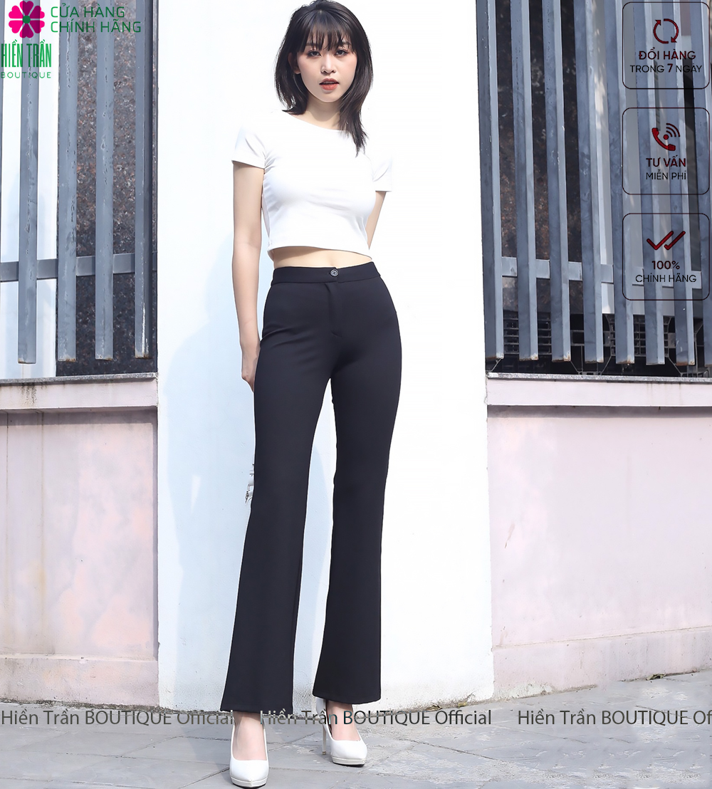 Quần ống rộng Hiền Trần BOUTIQUE lưng cạp cao 1 cúc baggy vải nữ dài suông loe culottes màu đen