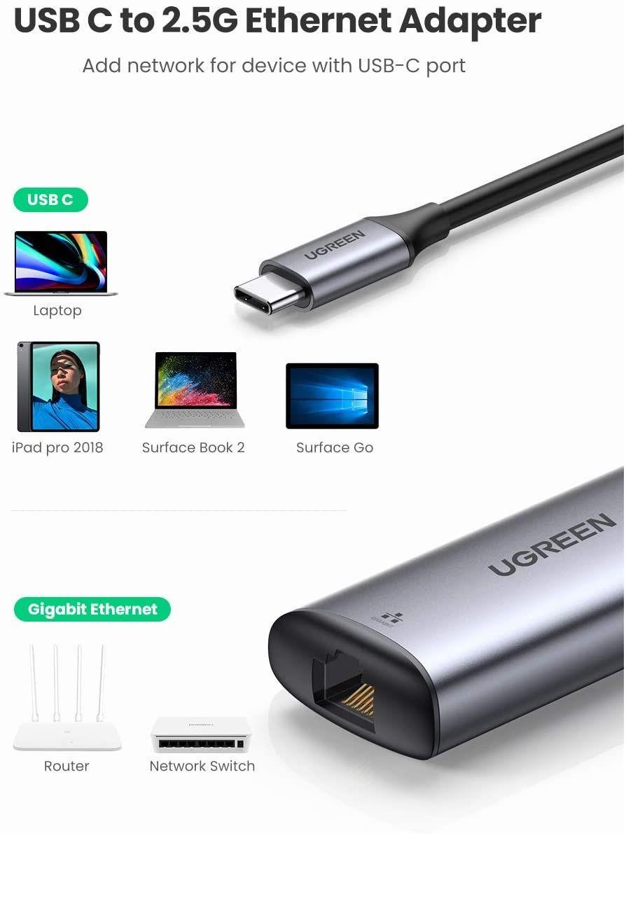Ugreen UG70446CM275TK 2500Mbps 2.5G màu xám card mạng USB type C Gigabit Lan RJ45 cho MacBook iPad Pro điện thoại và pc - HÀNG CHÍNH HÃNG