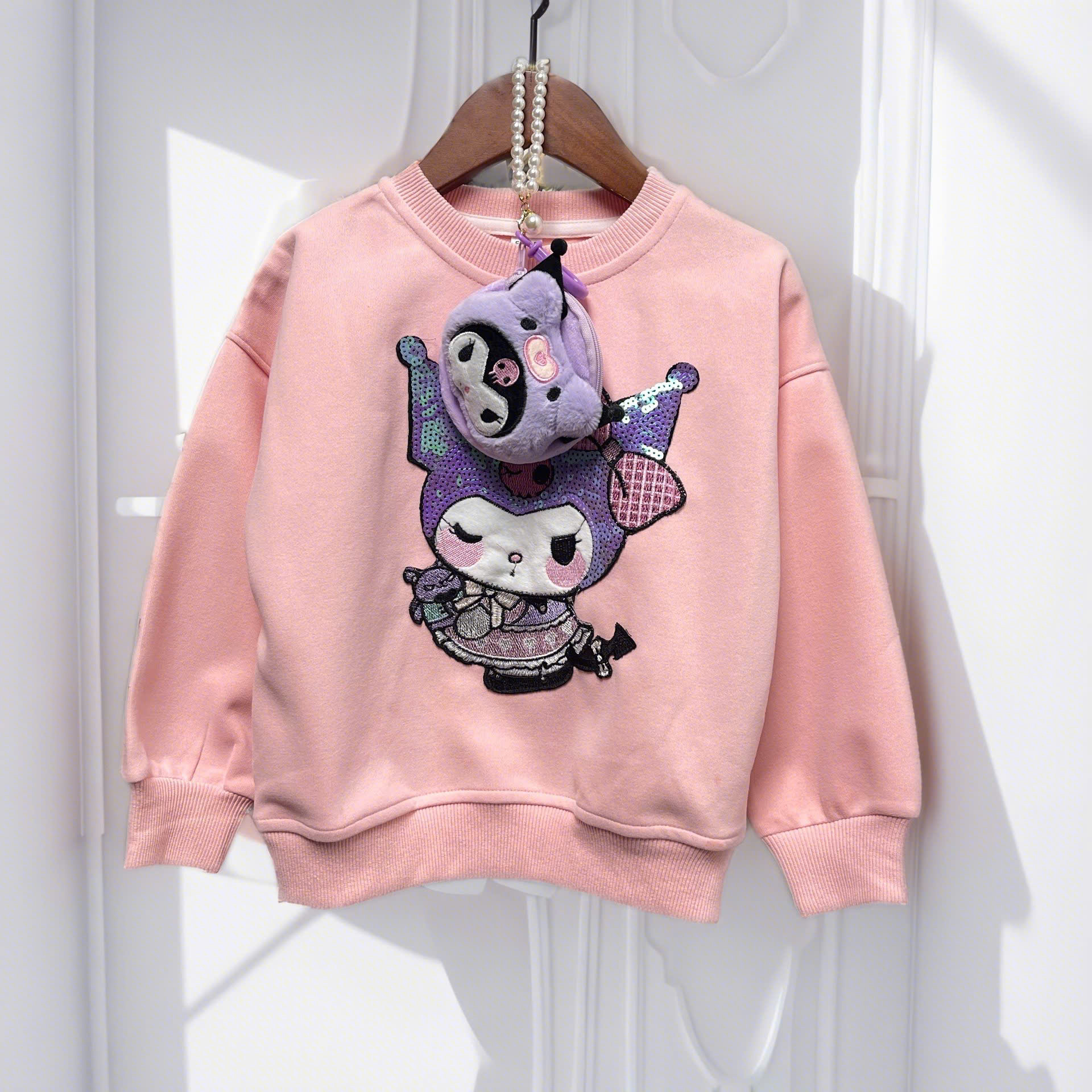 Áo nỉ bé gái cổ tròn tặng túi 4-10 tuổi hình kuromi và thỏ chất liệu cao cấp kiểu dáng thời trang