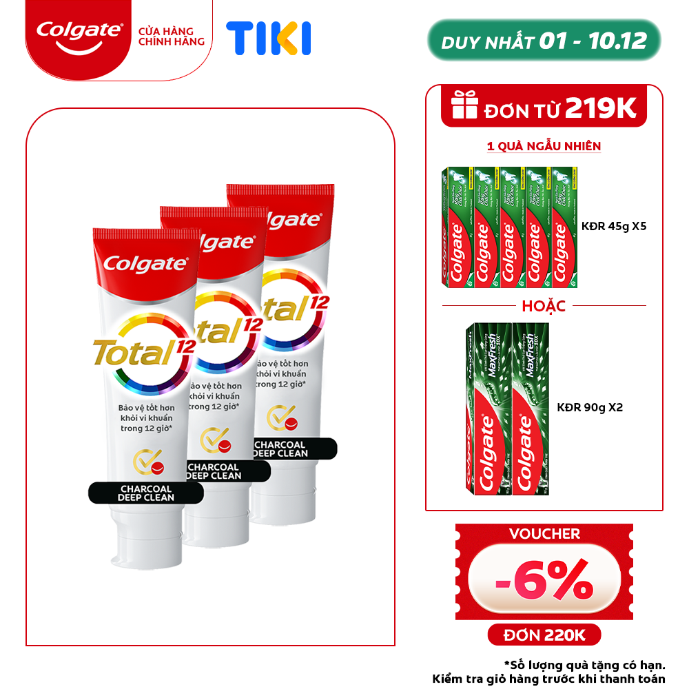 Bộ 3 Kem đánh răng Colgate giảm chảy máu nướu Total than hoạt tính bảo vệ toàn diện 170g/tuýp