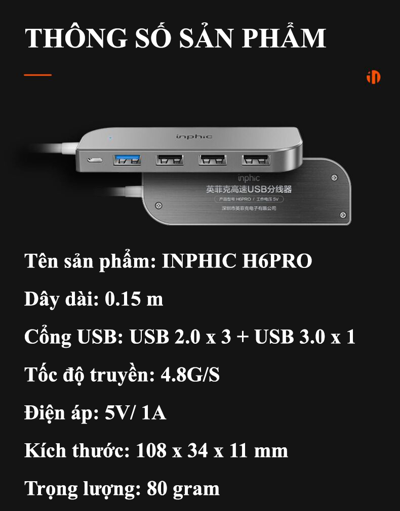 Cổng mở rộng Hub USB INPHIC H6PRO tốc độ cao với 4 cổng USB phù hợp với mọi loại máy tính, laptop, điện thoại - Hàng Chính Hãng