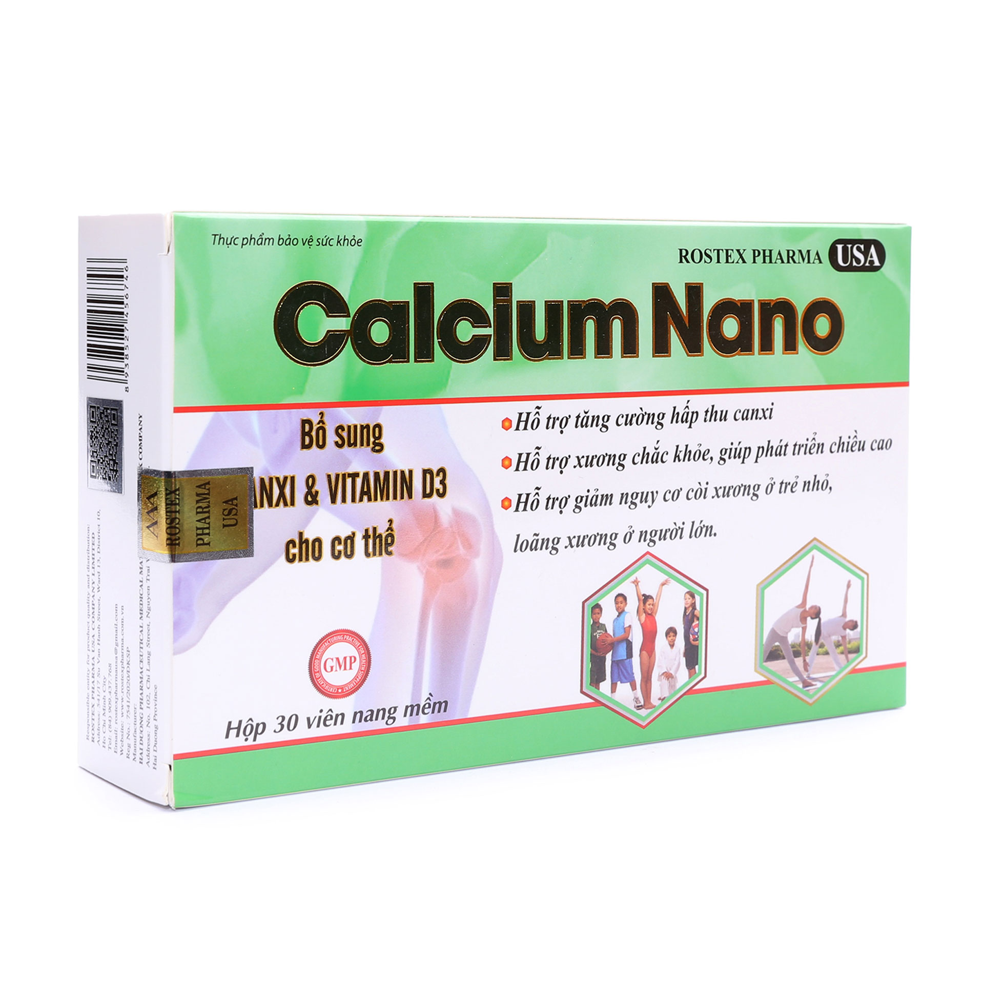 Viên uống Calcium Nano Rostex Pharma bổ sung canxi , phát triển chiều cao, giảm nguy cơ còi xương Hộp 30 viên
