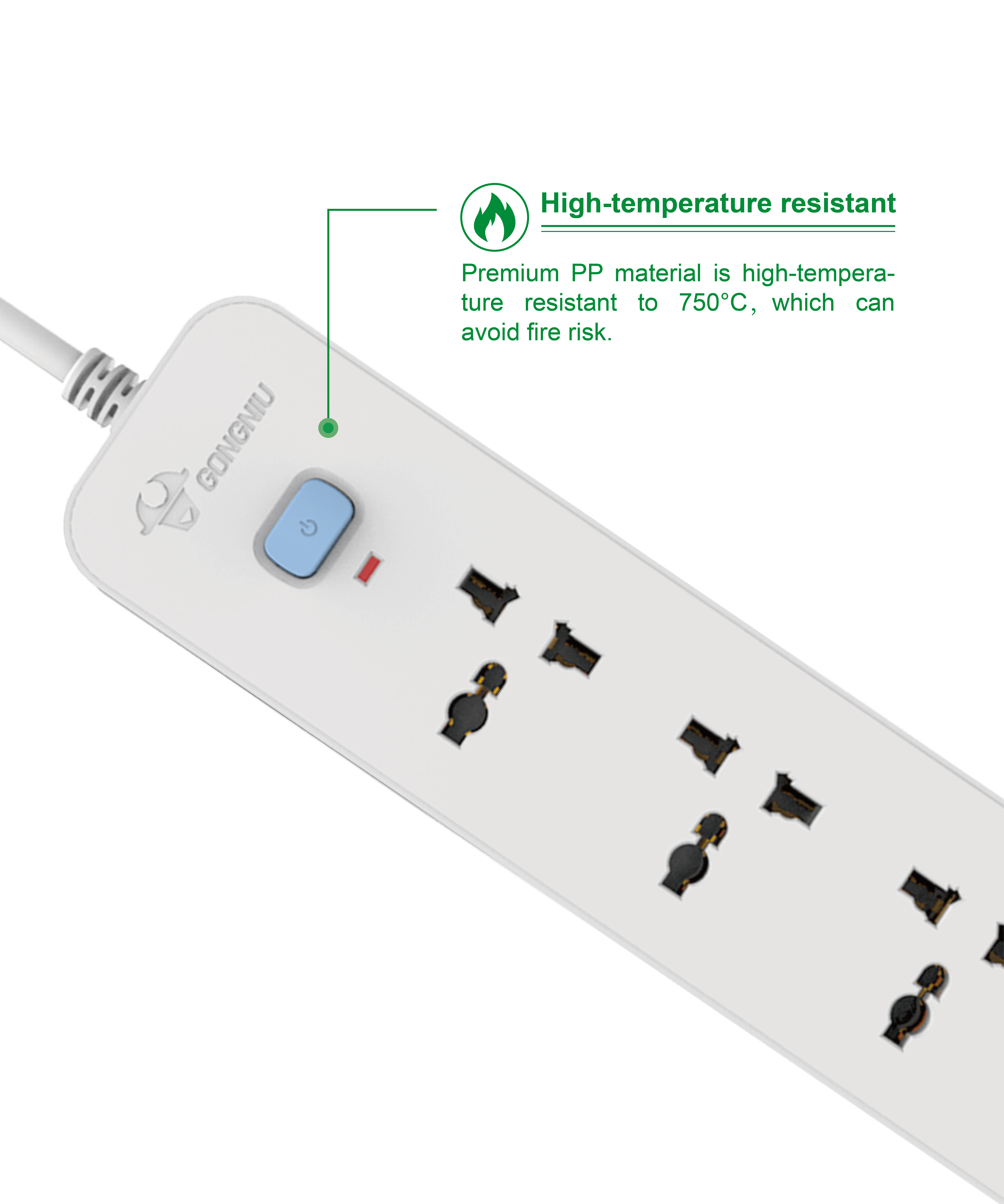 Ổ Cắm Điện Gongniu 4 Ổ Đa Năng 1 Công Tắc – Công Suất 10A/250/2500W – Trắng – Chính Hãng