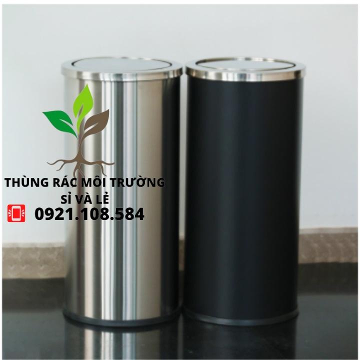 Thùng rác inox hình trụ nắp xoay - màu bạc / đen