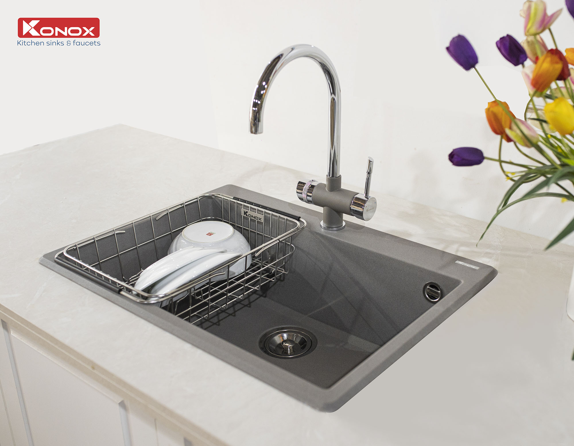 Chậu rửa bát Konox, Granite Series, Model Ruvita 680, Full set gồm Siphon+Giá úp bat Made in Italy, 680*500*200(mm), Hàng chính hãng