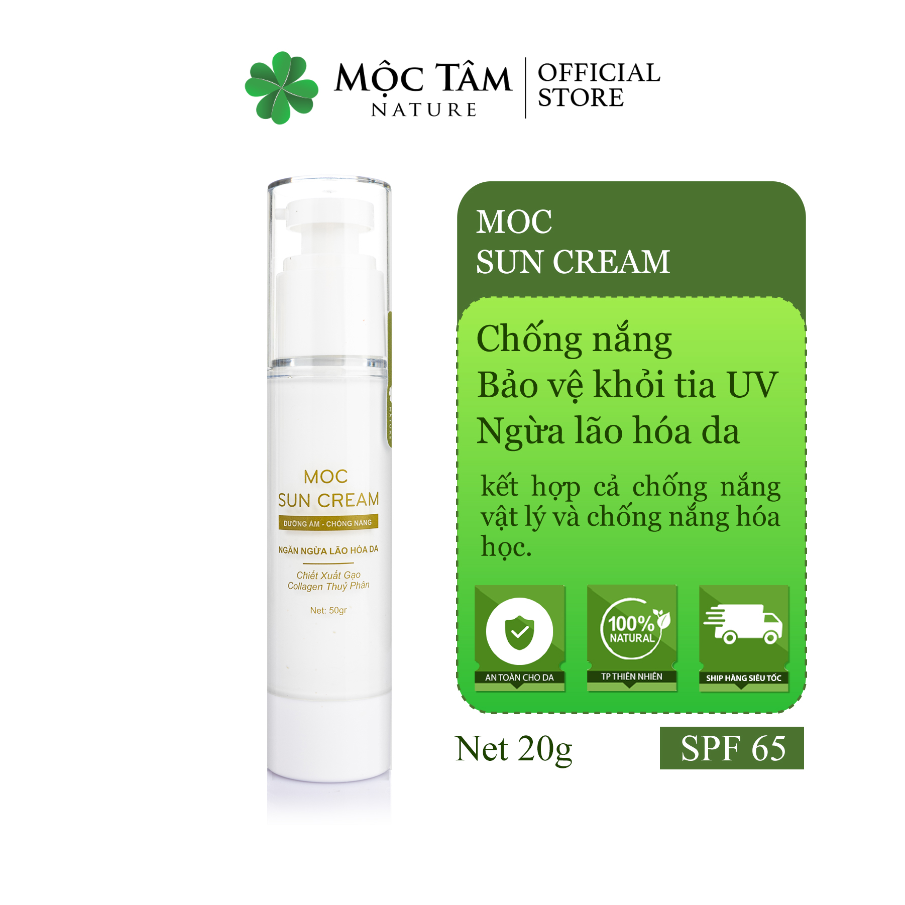 Kem Chống Nắng SPF65 Moc Sun Cream 50g - Ngăn Chặn Tia UV, Dưỡng Ẩm, Ngừa Lão Hóa