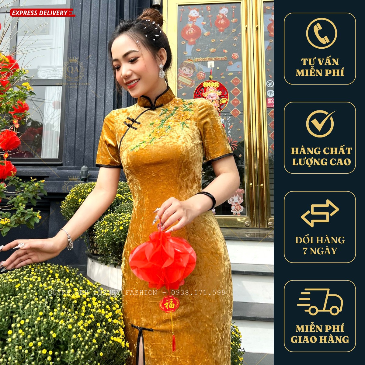 Đầm Sườn Xám Lụa Nhung Tuyết Vàng Trung Hoa Sang Trọng Nenito Dress