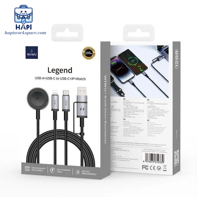 Cáp sạc nhanh hàng chính hãng WiWU Legend 6-in-1 Wi-C050: Công suất 100W, tích hợp nhiều đầu sạc, có sạc đồng hồ