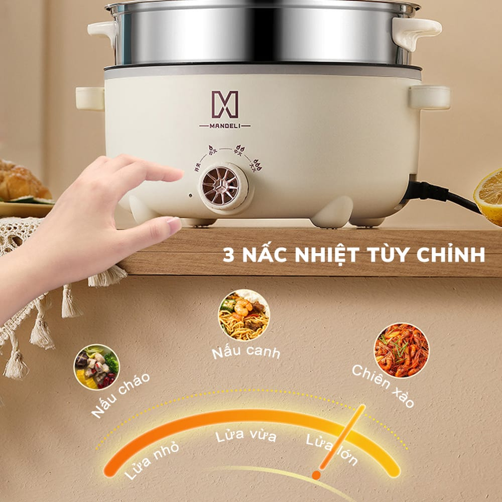 Nồi Lẩu Điện 2 Tầng 28cm Mandeli, Nồi Lẩu Điện Đa Năng Kèm Xửng Hấp Công Suất 1000W