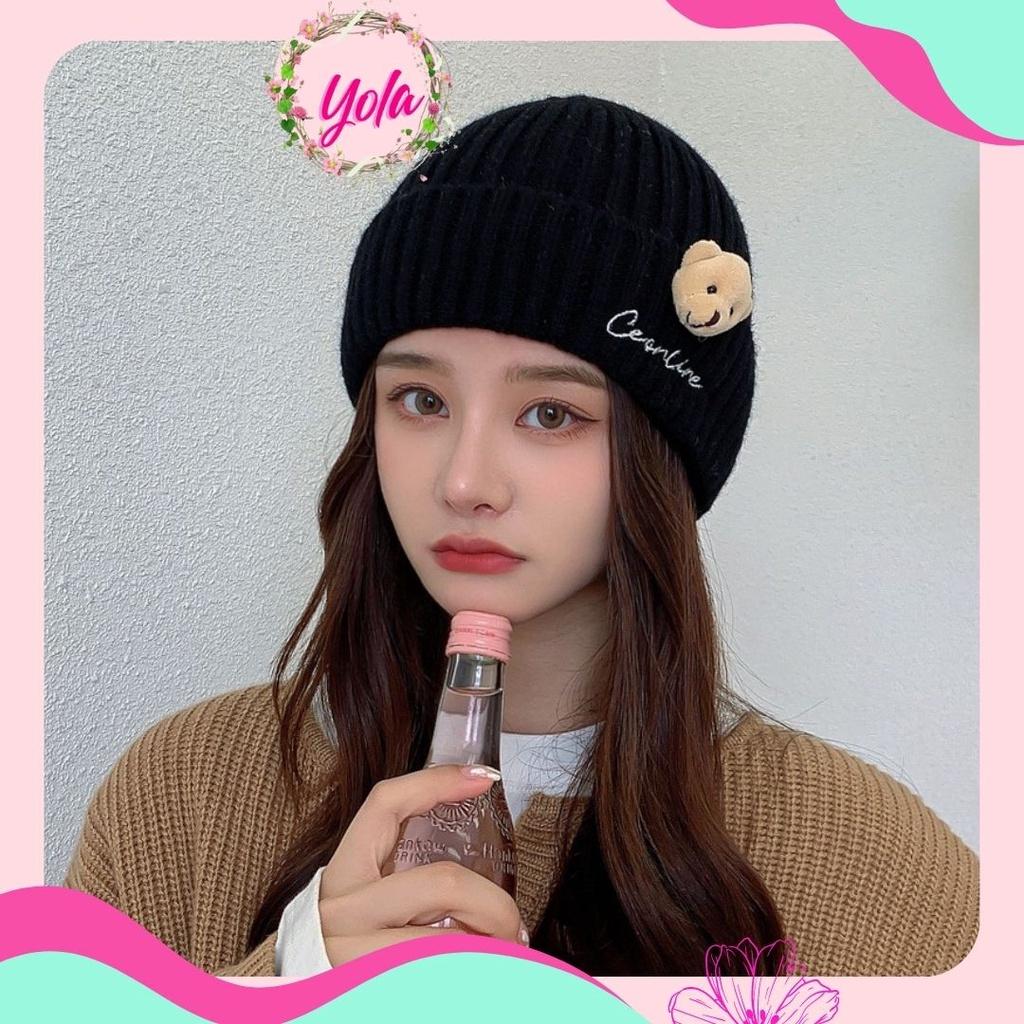 Mũ Len Nữ Hàn quốc Yola shop gắn gấu giữ ấm mùa đông Hàn quốc, dễ thương MULE.006 (QUÀ TẶNG CỘT TÓC)
