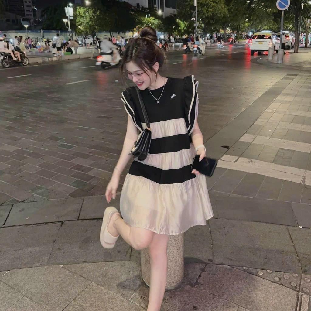 Đầm suông babydoll tay bèo lụa phối voan tơ