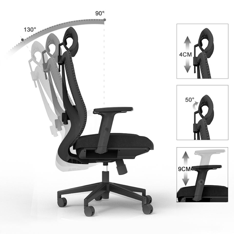 Ghế công thái học Ergonomic GOVI Ryan R3086A - Tựa đầu điều chỉnh, tựa tay cố định, khóa 1 vị trí lưng thẳng