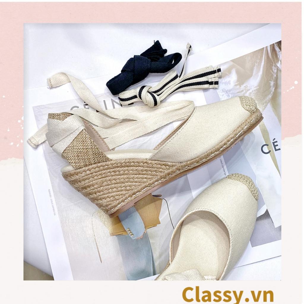 Giày cói Classy đế xuồng đế cói cao 8 CM buộc nơ, đi dạo phố, đi biển